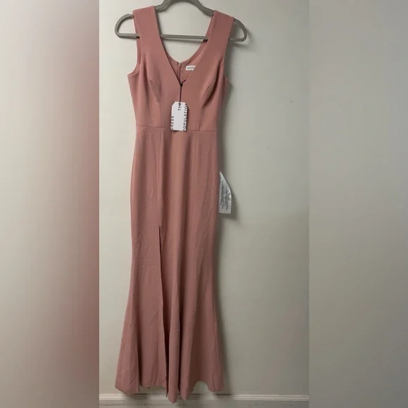 NWT Dress The Population Sandra Plunge Crepe Trumpet Gown‎ Blush XS - Picture 2 of 6
